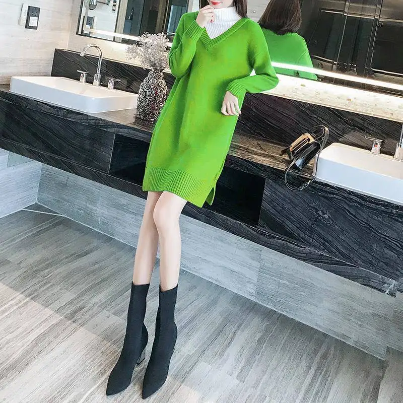 Yeni Düz günlük kıyafetler Kadın Dikiş Düz Renk Eklenmiş Kısa Etek Uzun kollu Örme Balıkçı Yaka Elbise Kadın T301