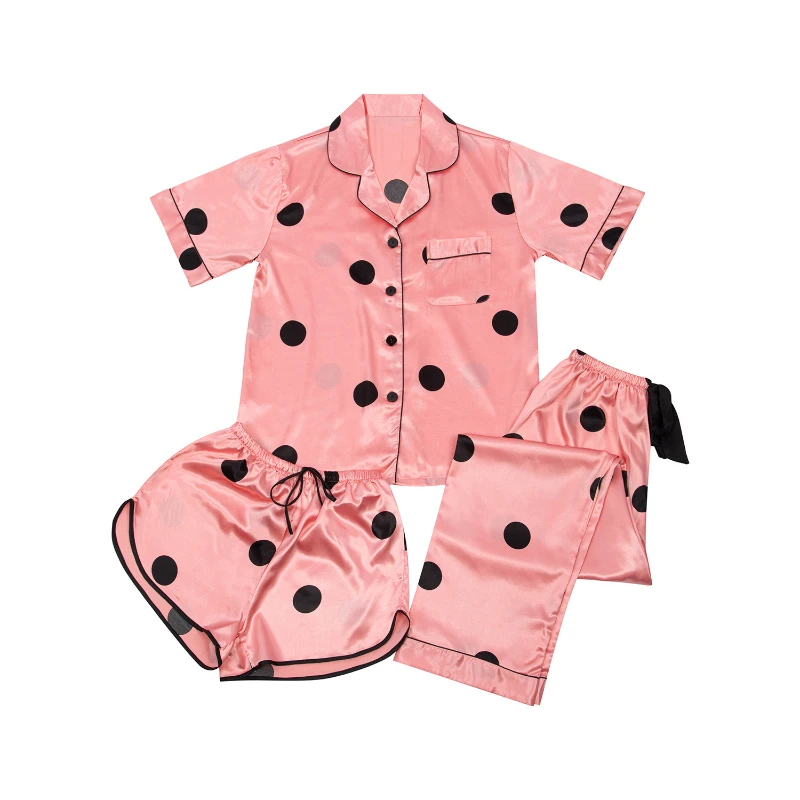 Yeni Moda Seksi Hırka Düğme Polka Dots Kadın Pijama Pantolon Üç parçalı Set Simülasyon İpek Rahat Gevşek Spor Seti Kadın