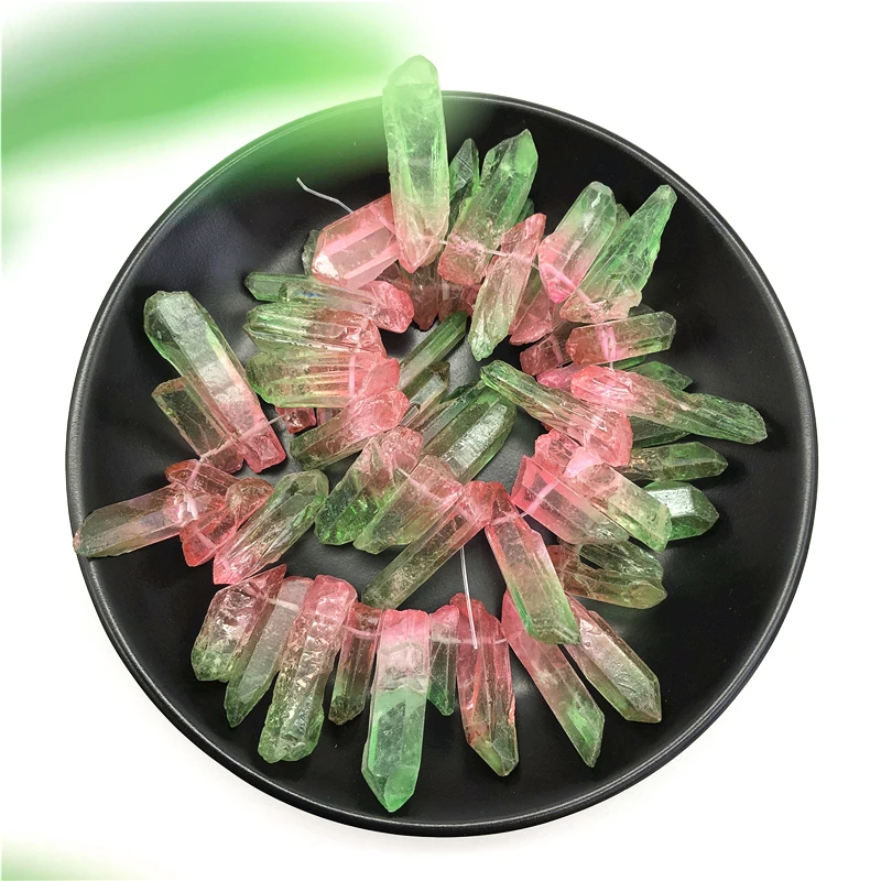 Yeşil ve Pembe Titanyum Aura Lemurya Kuvars Kristal Noktası şifa taşı Dekor Doğal Taşlar ve Mineraller