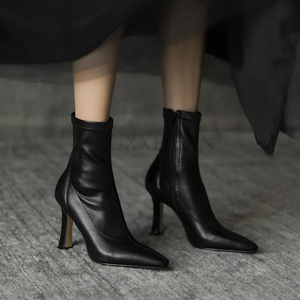 Yüksek Topuklu Elbise Ayakkabı Sivri Burun Çıplak Çizmeler Siyah Patik İnce Topuklu Moda yarım çizmeler Retro Bayanlar Ayakkabı Botas