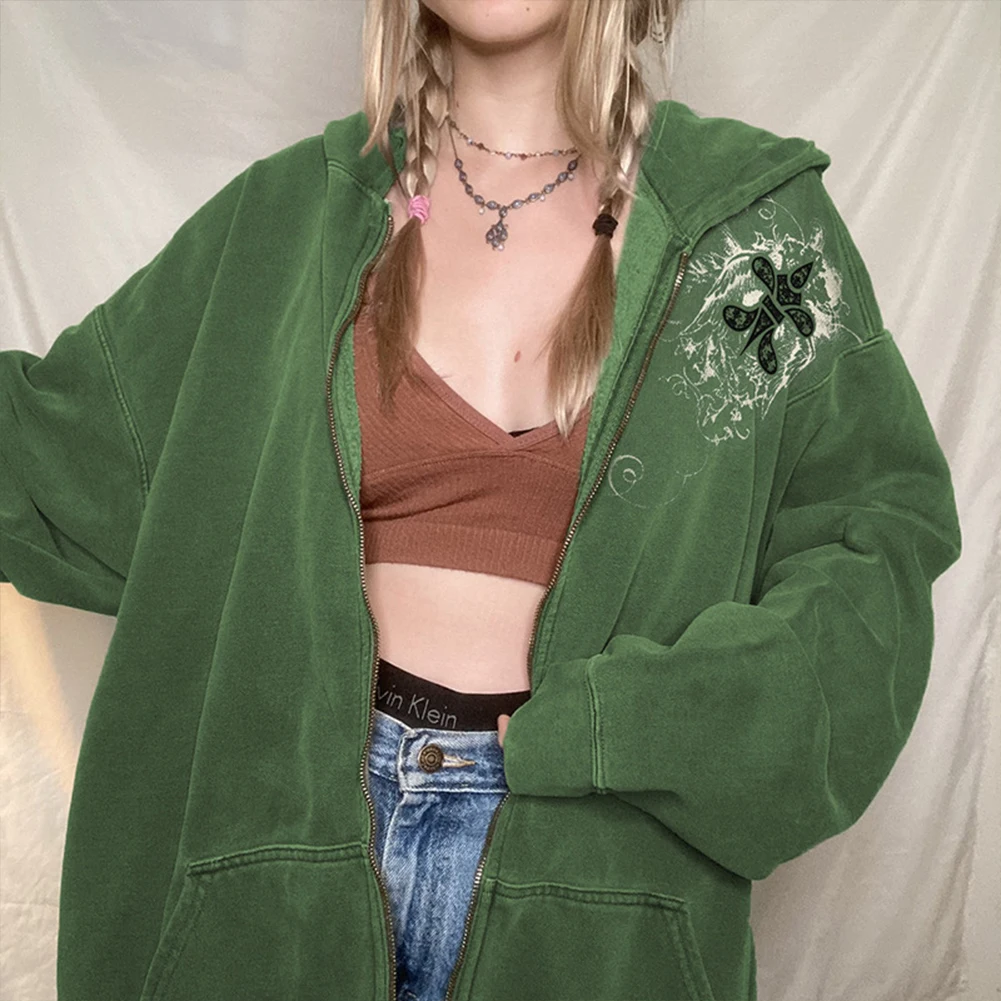 YıYıMıYu Baskılı y2k Ceketler Grunge Fairycore Fermuar kapüşonlu ceket Cepler Gevşek Retro Kawaii Giyim Kadın Kore Harajuku 90s