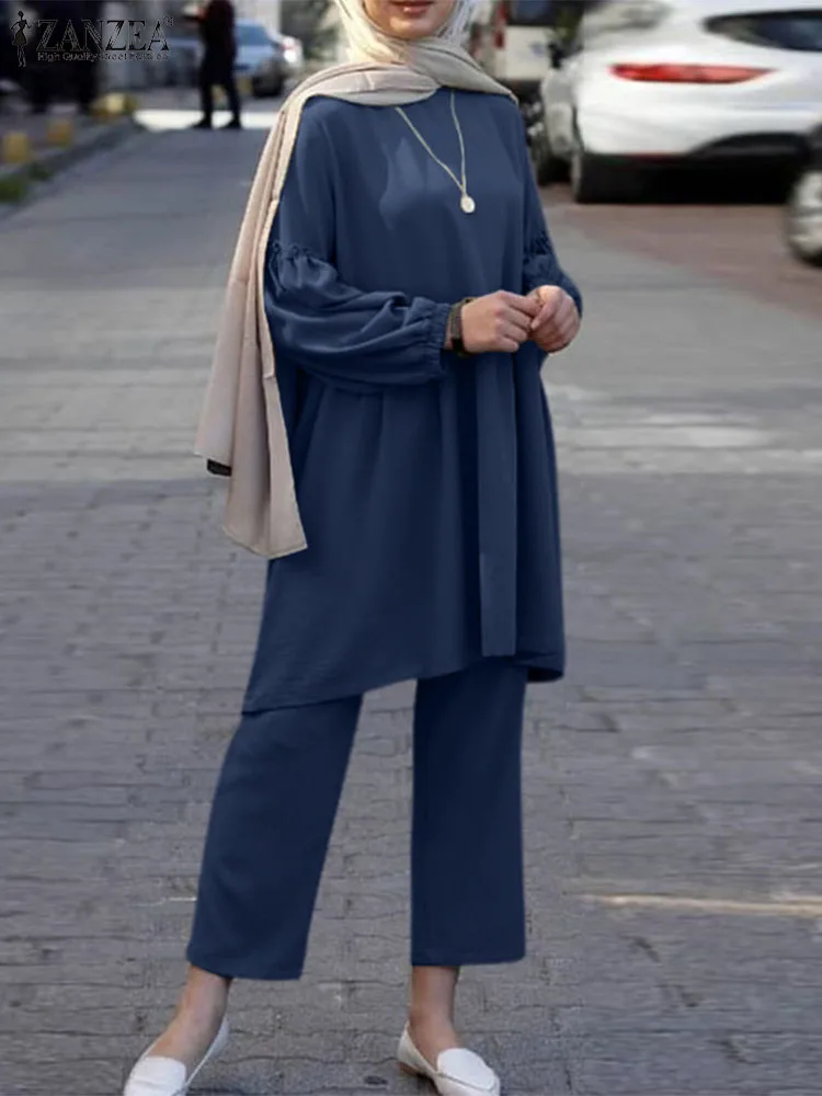 ZANZEA Tatil Outifits Moda Müslüman Setleri Tam Kollu O-Boyun Katı Bluz Ve Gevşek Pantolon Zarif Rahat İslam Giyim 2 ADET