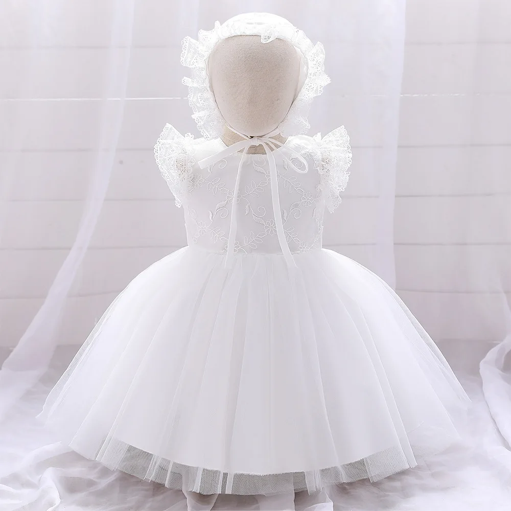 Zarif Kız Elbise Çocuk Giysileri Düz Renk Çiçek düğün elbisesi Bebek Kız Prenses Elbise Net İplik Pamuk Giyim Hediye Şapka