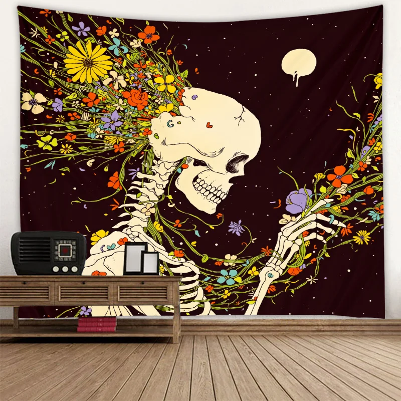 Çiçek ve iskelet halılar zarif Hippi psychedelic duvar sanatı siyah halılar yurdu yatak odası aile peyzaj dekor