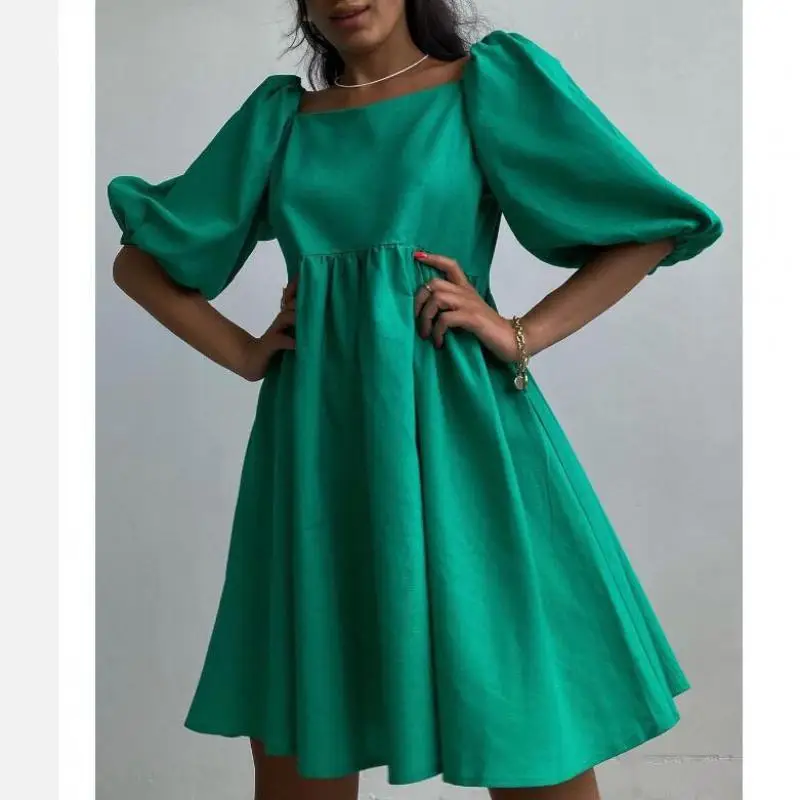 Ücretsiz Kargo İlkbahar Yaz Moda Tatlı Kabarcık Kollu Düz Renk Kare Boyun Elbise Kadın Pilili A-line Konfor Seksi Elbise